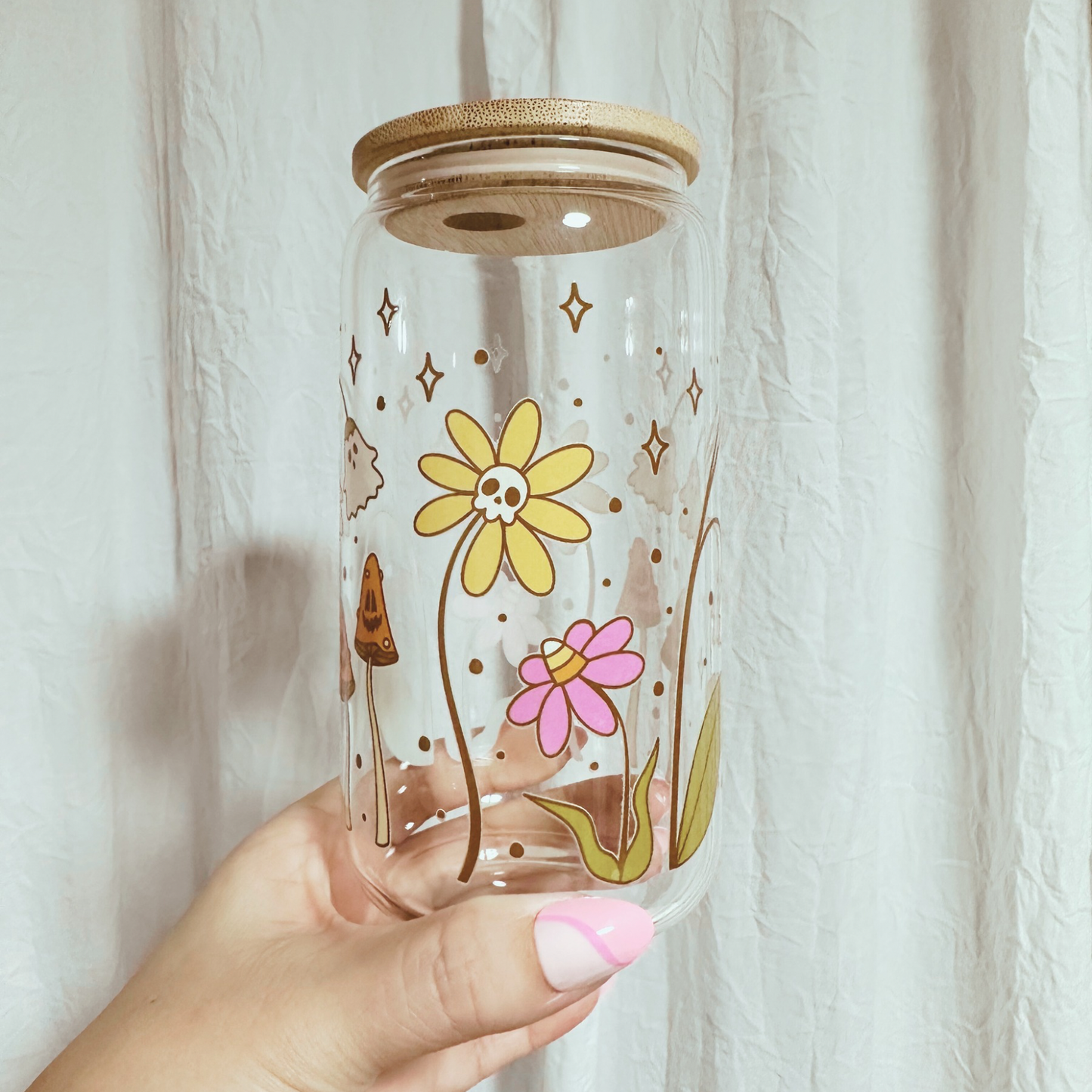 Fall Spooky Flowers Glass Cup