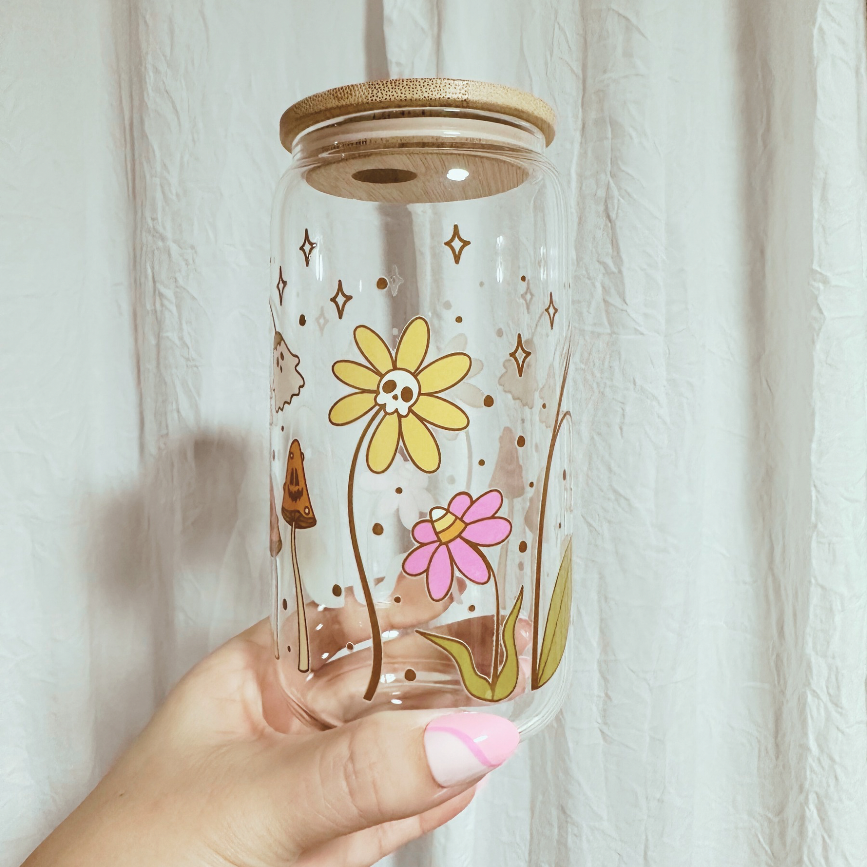 Fall Spooky Flowers Glass Cup